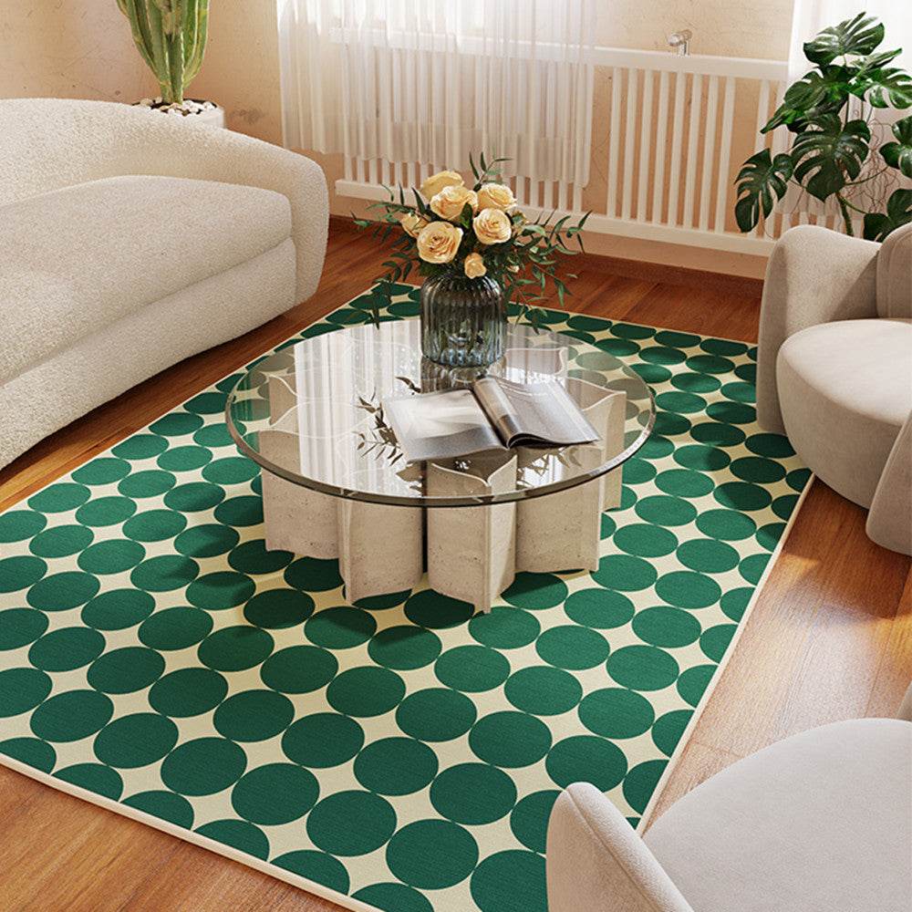 Rectangular geometric room checkerboard rug in living room with dark green and cream yellow squares