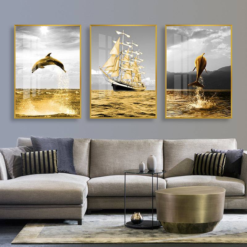 Modern abstract living room painting on canvas with wood and metal frame, featuring a landscape design.