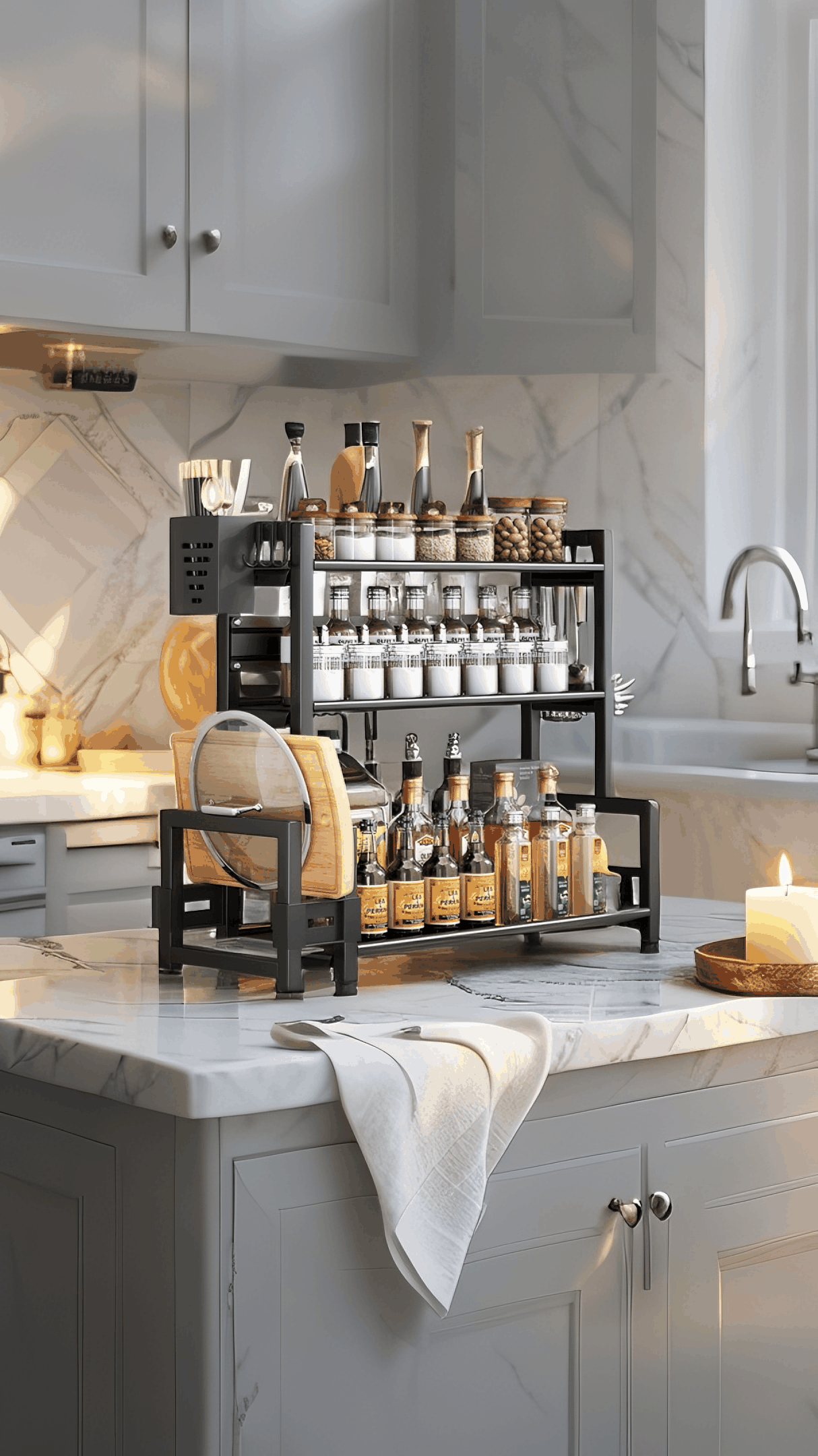 Maison Kitchen Organiser Rack for kitchen dining table with carbon steel, hooks, and chopping board holder