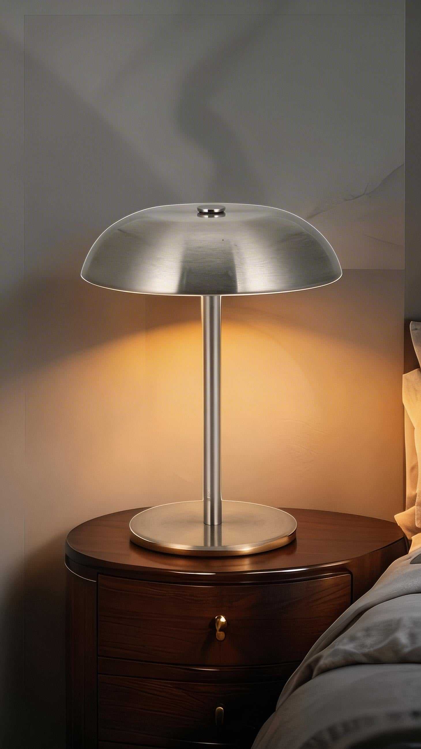 Iron Mushroom Charging table lamp in copper, black, and white with touch control and built-in battery