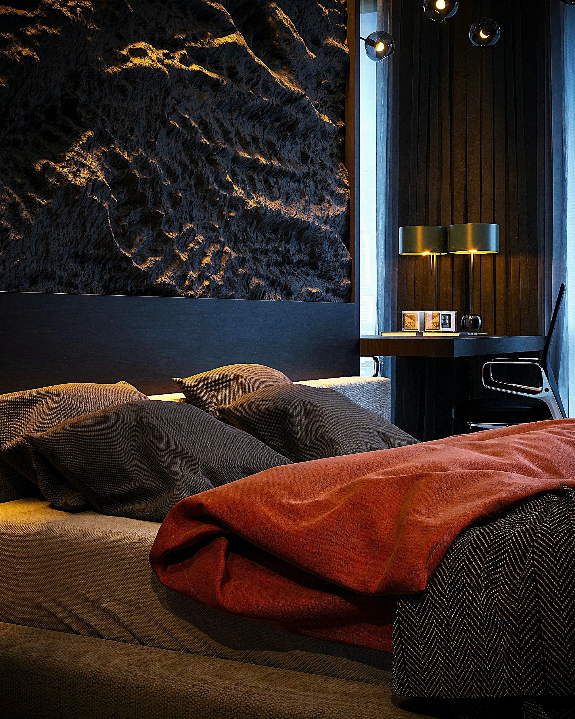 Modern bedroom with a bed, nightstand, and decorative wall.
